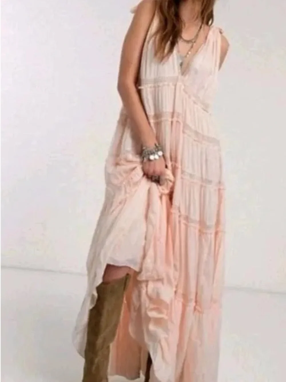 Free People Soft Blush Tie-Shoulder V-Neck Maxi Dress - Picture 2 of 16